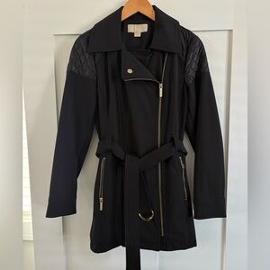 Michael Kors Black Belted Trench Coat with Quilted Shoulders & Gold Hardware